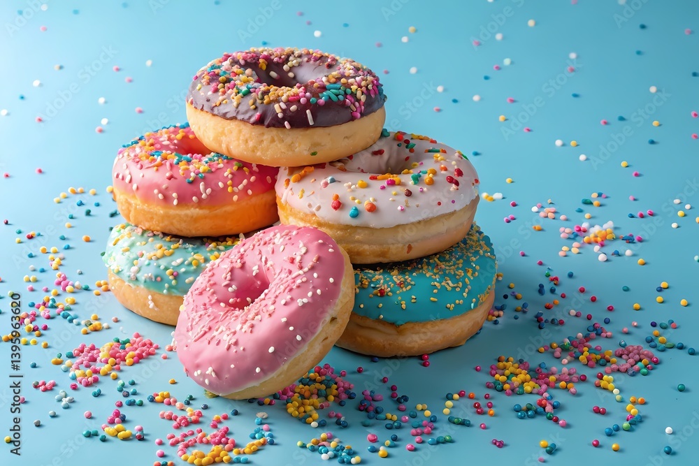 A stack of delicious donuts with colorful sprinkles on a blue background A stack of delicious donuts with colorful sprinkles on a blue background