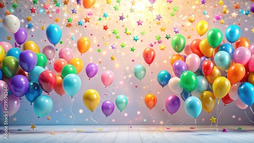 A jubilant celebration with colorful balloons and sparkling stars floating in a bright, airy room