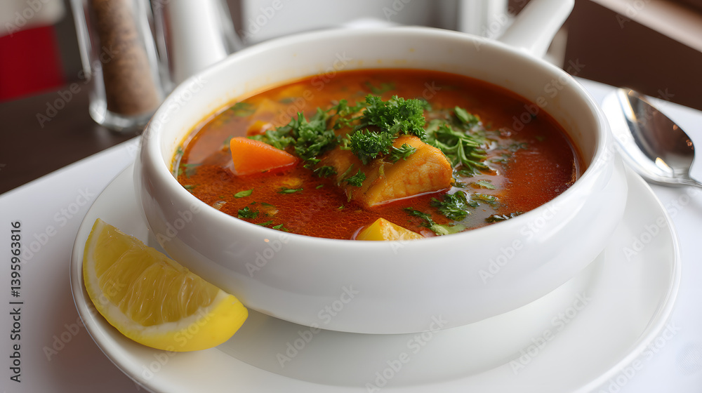 Spicy Fish Soup with Fresh Ingredients and Garnish in a White Bowl on a Table Setting Spicy Fish Soup with Fresh Ingredients and Garnish in a White Bowl on a Table Setting