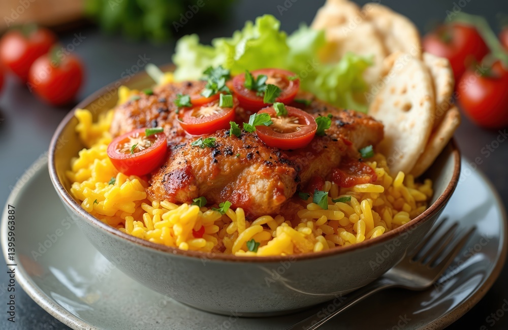 New York City style halal chicken over yellow rice, tomatoes, pita bread, greens. Tasty restaurant, street food lunch or dinner meal. Gourmet cuisine with spices, sauce. Food photography. New York City style halal chicken over yellow rice, tomatoes, pita bread, greens. Tasty restaurant, street food lunch or dinner meal. Gourmet cuisine with spices, sauce. Food photography.
