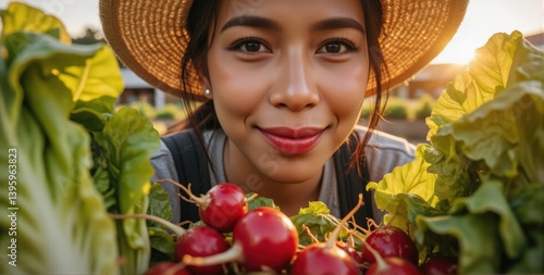 Happy hispanic woman with glistening sweat picking ripe vegetables in a lush garden smiling while working in natural sunlight