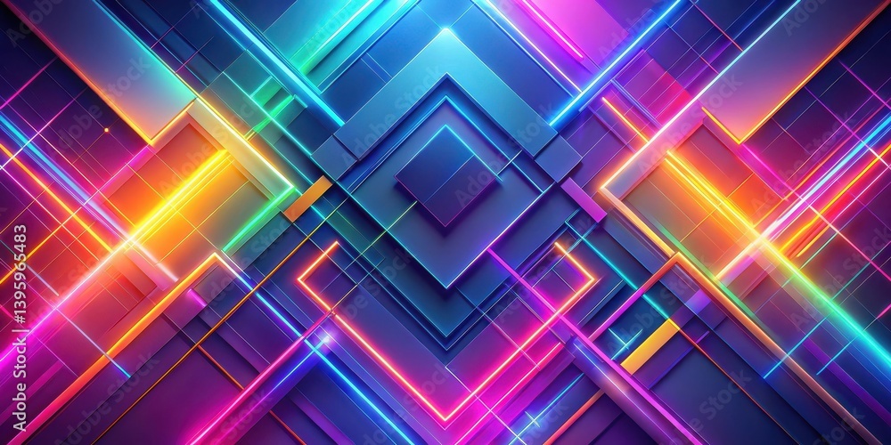 Abstract vibrant neon geometric shapes and glowing lines intersect in dynamic composition Abstract vibrant neon geometric shapes and glowing lines intersect in dynamic composition