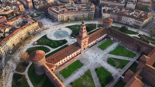 Aerial drone view of the Sforzesco Castle in Milan, Italy at sunset