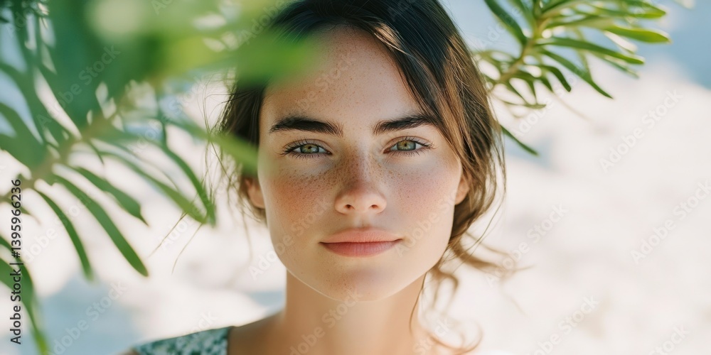 Young Woman with Freckles Looking at Camera Through Green Leaves Young Woman with Freckles Looking at Camera Through Green Leaves