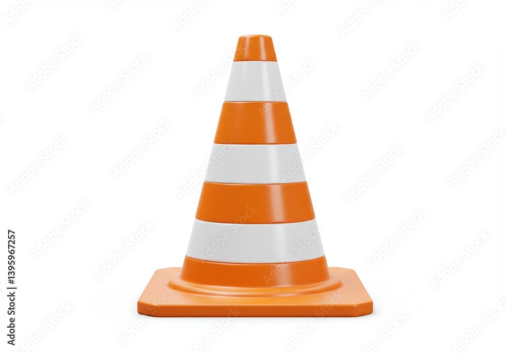 Isolated striped traffic cone on a plain white surface Isolated striped traffic cone on a plain white surface