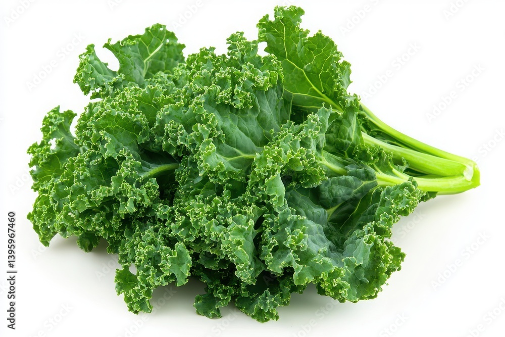 A vibrant bunch of fresh kale displayed on a clean white surface A vibrant bunch of fresh kale displayed on a clean white surface