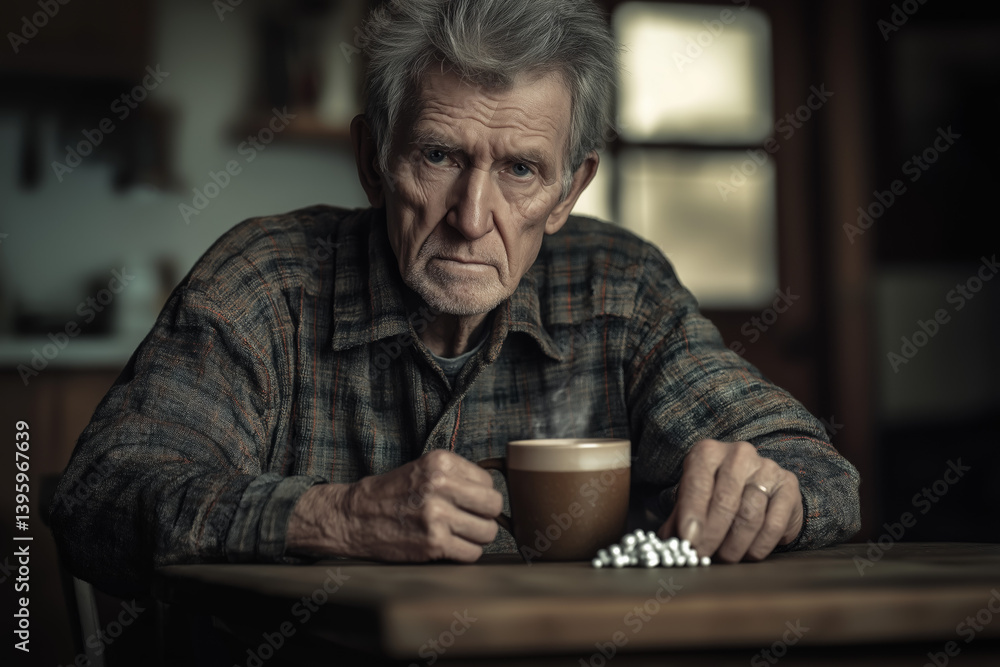 A contemplative elderly man sits at a table, a mug and pills before him. A contemplative elderly man sits at a table, a mug and pills before him.