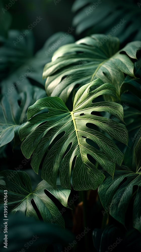 Fototapeta premium Lush Green Leaves of a Monstera Plant in a Vibrant Tropical Setting During Daylight