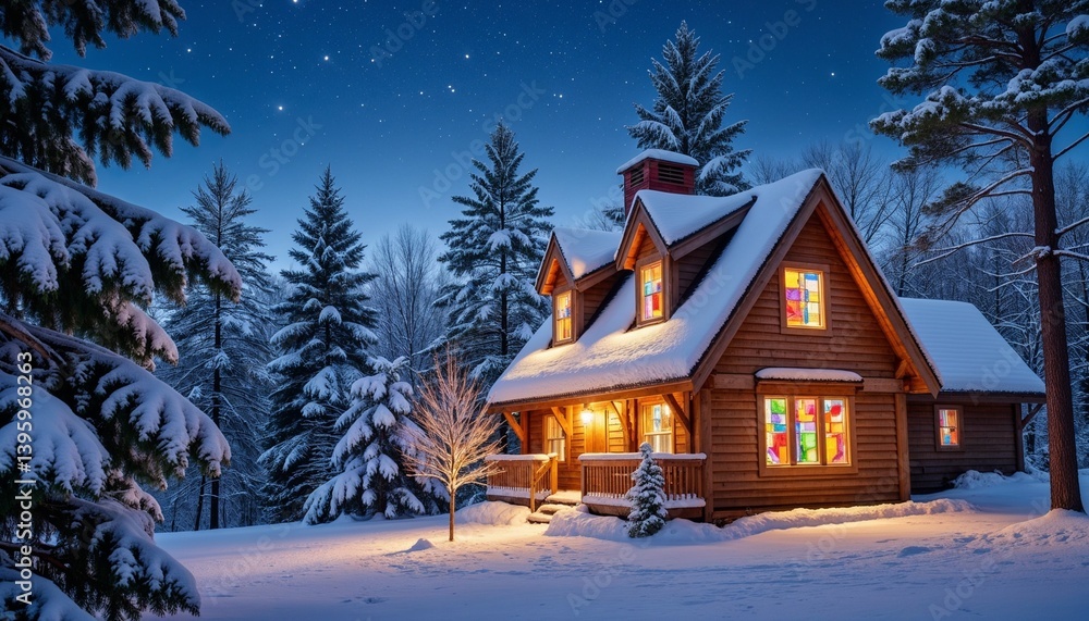 Naklejka premium Cozy wooden cabin in snowy forest with glowing windows at night, peaceful winter landscape with pine trees under starry sky and warm lights