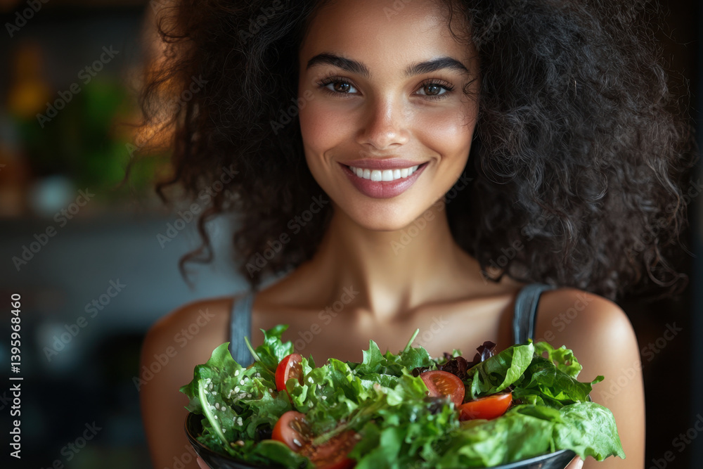 Woman holding a plate of salad, standing in a bright kitchen. Fresh vegetables and a colorful bowl on the counter. Sunny day outside the window. Woman holding a plate of salad, standing in a bright kitchen. Fresh vegetables and a colorful bowl on the counter. Sunny day outside the window.