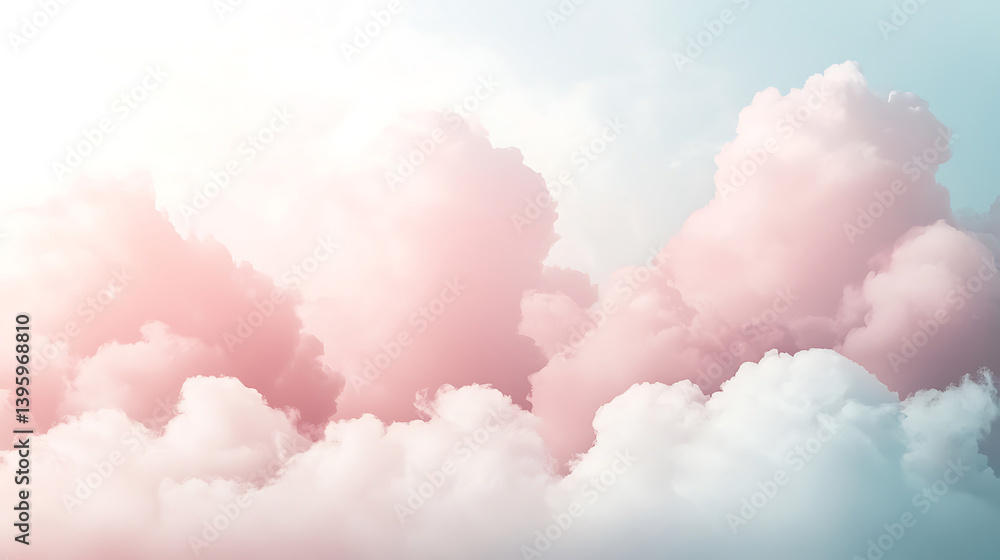 Fluffy clouds in shades of pink and white drift across a serene pale blue sky evoking a dreamlike and peaceful atmosphere. Fluffy clouds in shades of pink and white drift across a serene pale blue sky evoking a dreamlike and peaceful atmosphere.