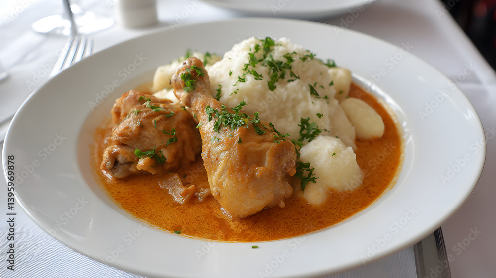 Traditional Chicken Paprikash with Tender Chicken Legs and Creamy Dumplings Garnished with Fresh Parsley Traditional Chicken Paprikash with Tender Chicken Legs and Creamy Dumplings Garnished with Fresh Parsley