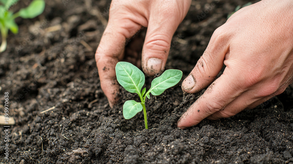 Farmers hands planting a young green seedling in soil Generative AI