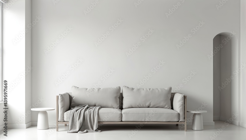 Fototapeta premium Modern living room interior mock up in Scandinavian style. Minimalist design with white sofa and side tables. Empty wall background for design presentation. Comfortable apartment, home decor.