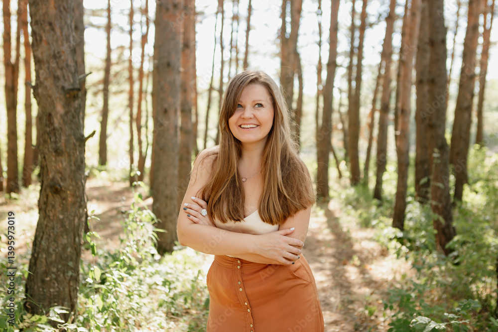 beautiful young woman walks in the woods in the summer, meditates beautiful young woman walks in the woods in the summer, meditates