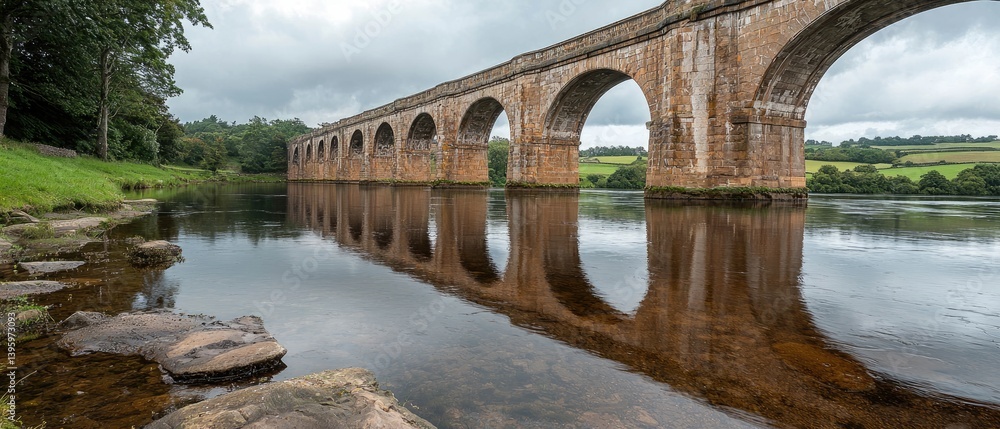 Fototapeta premium Stone Arch Bridge Reflecting in Calm River