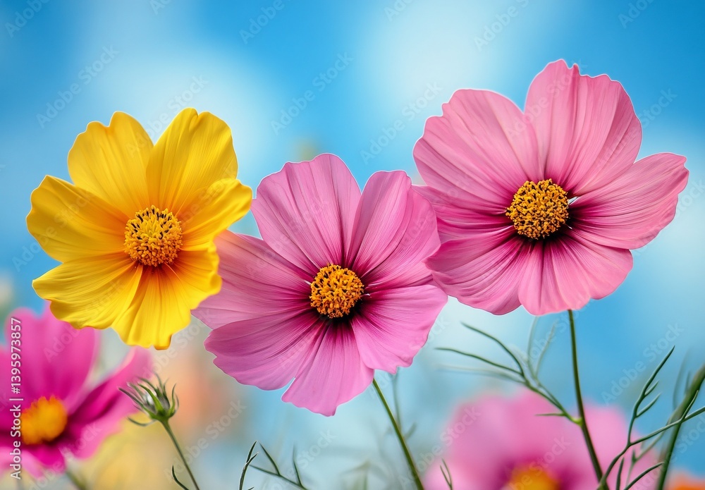 Floral Symphony: A vibrant display of cosmos flowers in full bloom, showcasing a spectrum of colors against a backdrop of a clear, sunlit sky. Floral Symphony: A vibrant display of cosmos flowers in full bloom, showcasing a spectrum of colors against a backdrop of a clear, sunlit sky.