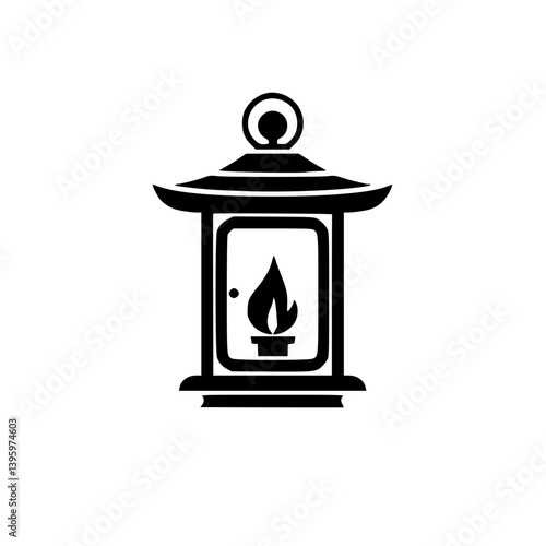 Japanese Lantern Silhouette with Flame - Minimalist Vector Design