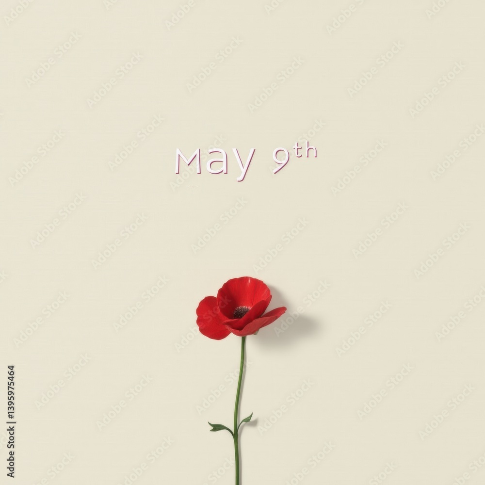 Fototapeta premium A minimalist representation of May 9th, showcasing a single red flower against a neutral background
