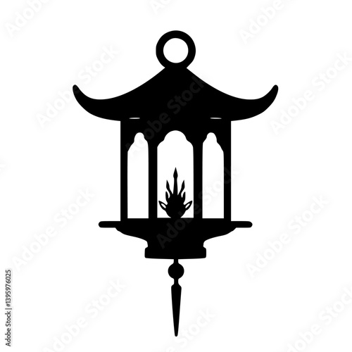 Black Silhouette of a Japanese Lantern with Fire, Minimalist Design