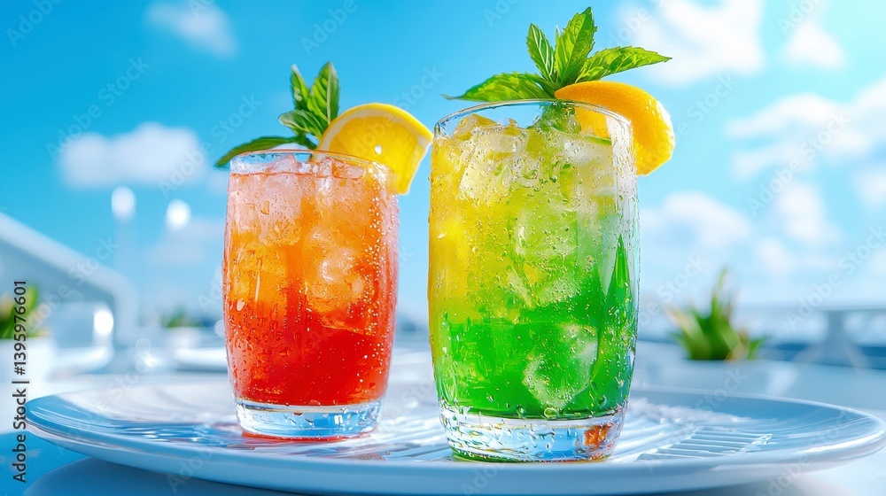 Refreshing Summer Drinks with Citrus Garnish in Clear Glasses Refreshing Summer Drinks with Citrus Garnish in Clear Glasses