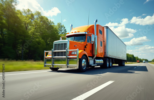 Orange semi-truck hauls cargo highway. Refrigerated trailer delivers goods through green forest, transporting freight. Heavy duty vehicle on road, sunny summer day. Trucking industry.