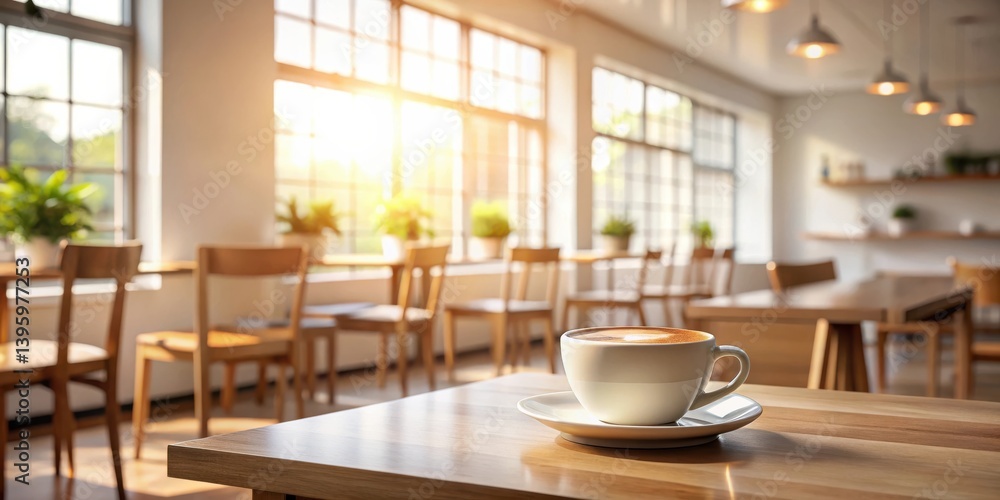 Sunlit cafe interior with a cup of coffee on a wooden table Sunlit cafe interior with a cup of coffee on a wooden table