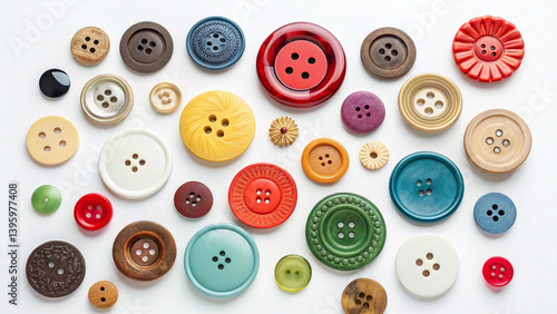A playful and artistic flat lay of colorful buttons of different shapes, sizes, and materials arranged on a white background. Includes wooden, plastic, and metal buttons, some vintage and some modern.