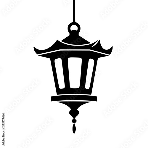 Black Silhouette Japanese Lantern, Hanging Ornament, Vector Illustration