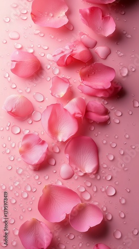 Delicate Pink Rose Petals Scattered on a Soft Surface With Water Droplets