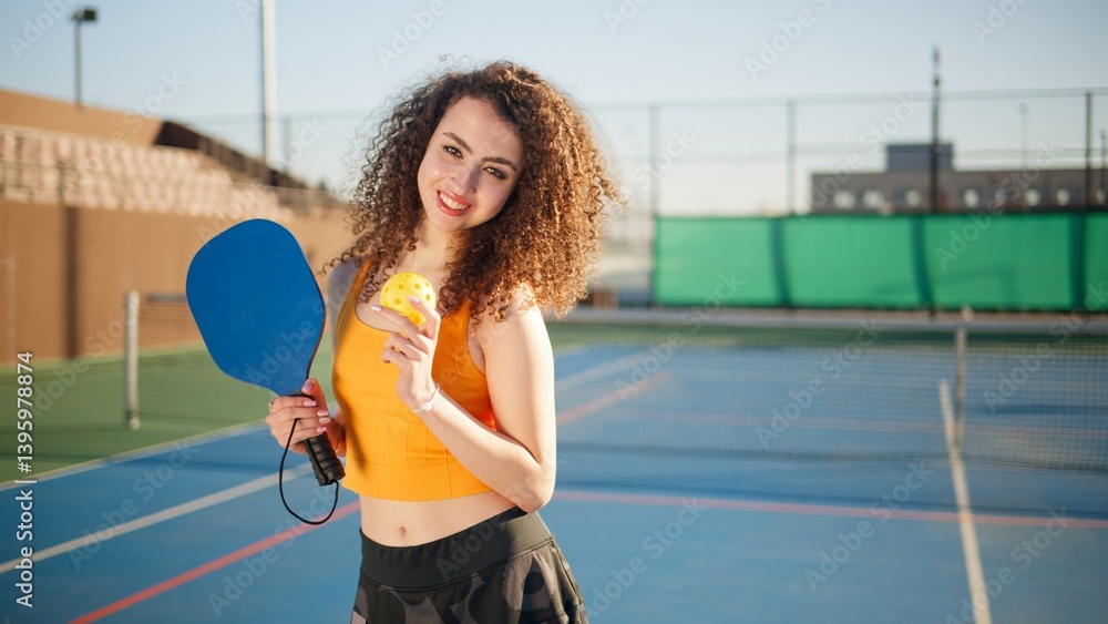 Portait of a young, happy and smiling curly haired girl holding pickleball paddle