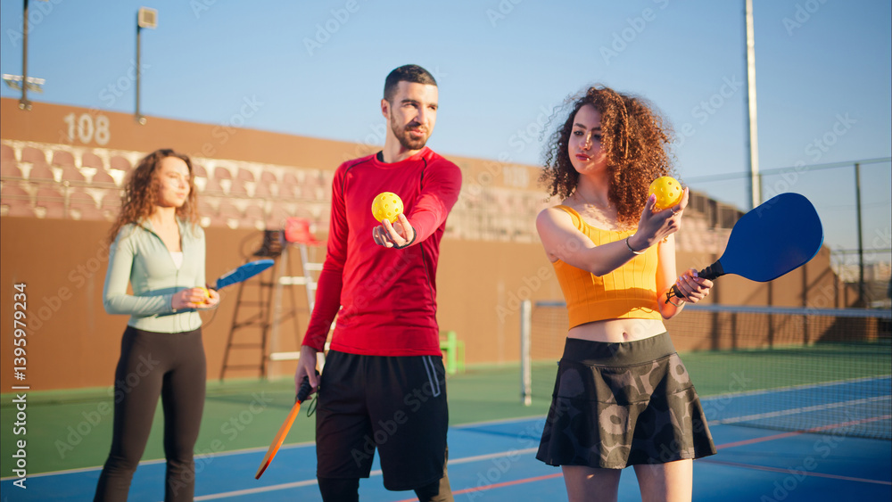 Young adults teaching and learning how to play pickleball