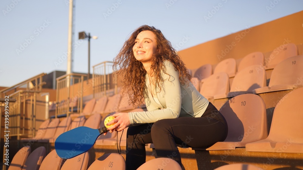 Portrait of young girl adult posing with pickleball paddle and ball on stadium chairs