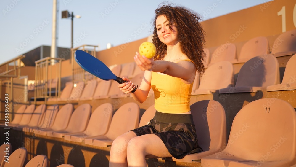 Portrait of young girl adult posing with pickleball paddle and ball on stadium chairs