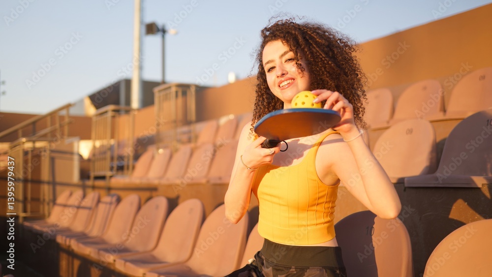 Portrait of young girl adult posing with pickleball paddle and ball on stadium chairs
