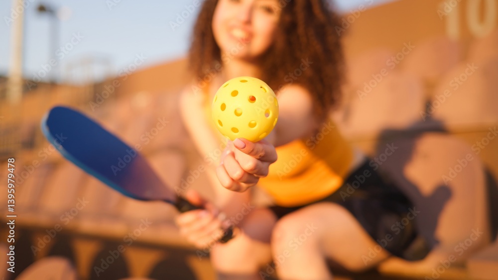 Portrait of young girl adult posing with pickleball paddle and ball on stadium chair