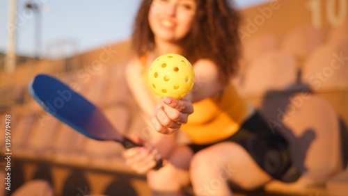 Obraz na płótnie Portrait of young girl adult posing with pickleball paddle and ball on stadium chair w salonie