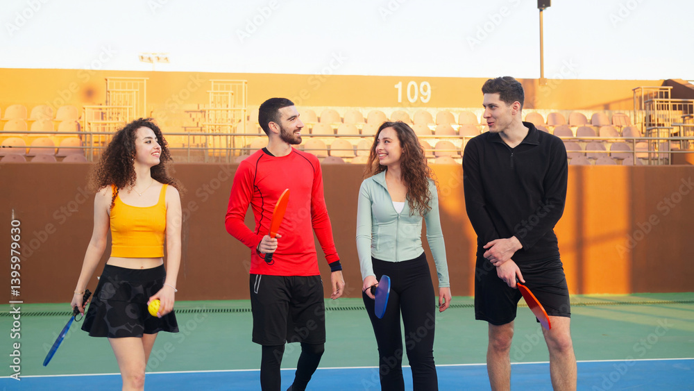 Group of four young adults chatting and smiling after the match on the court stadium