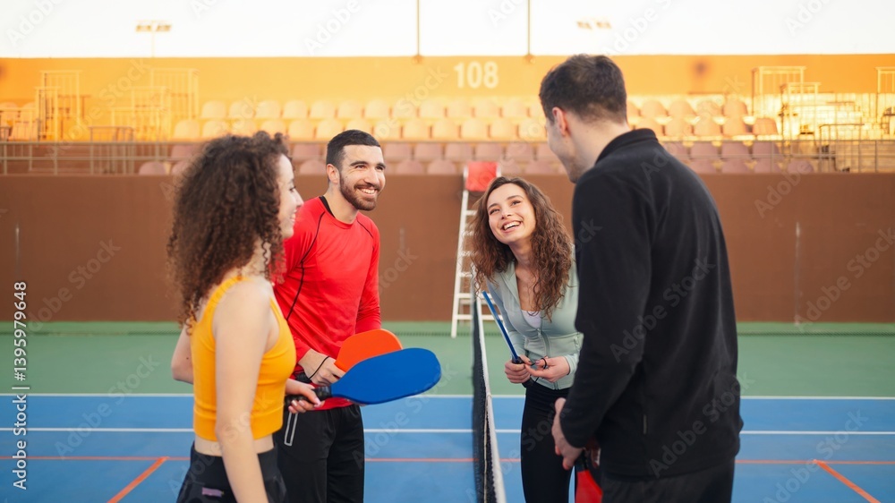 Group of four young adults chatting and smiling after the match on the court stadium