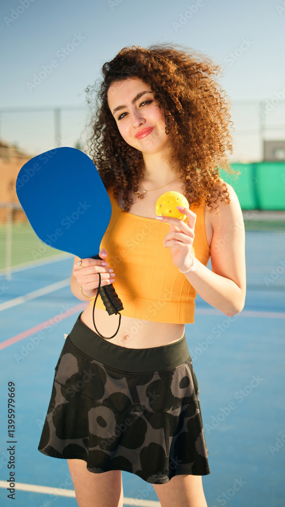 Portait of a young, happy and smiling curly haired girl holding pickleball paddle