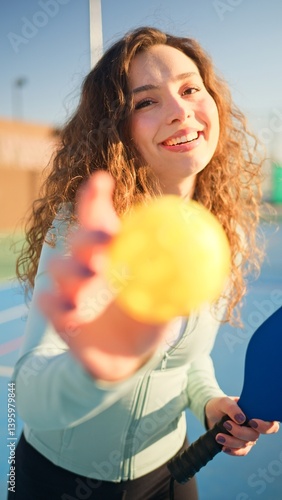 Portait of a young, happy and smiling curly haired girl holding pickleball paddle