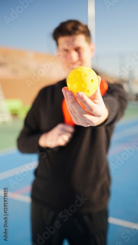 Portait of a young, happy and smiling man holding pickleball paddle