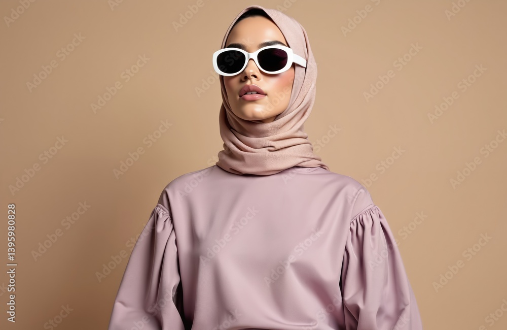 Stylish Muslim woman wearing sunglasses on beige background. Attractive young female wearing hijab in modern outfit. Fashionable islamic girl in stylish sunglasses. Portrait of beauty.