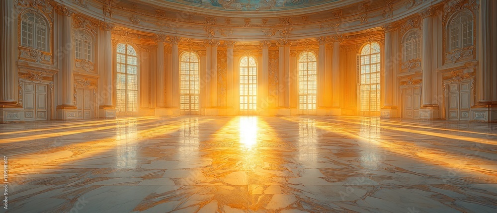 Obraz premium Sunlit grand hall with marble floor, tall windows, and classical columns. Golden light streams in