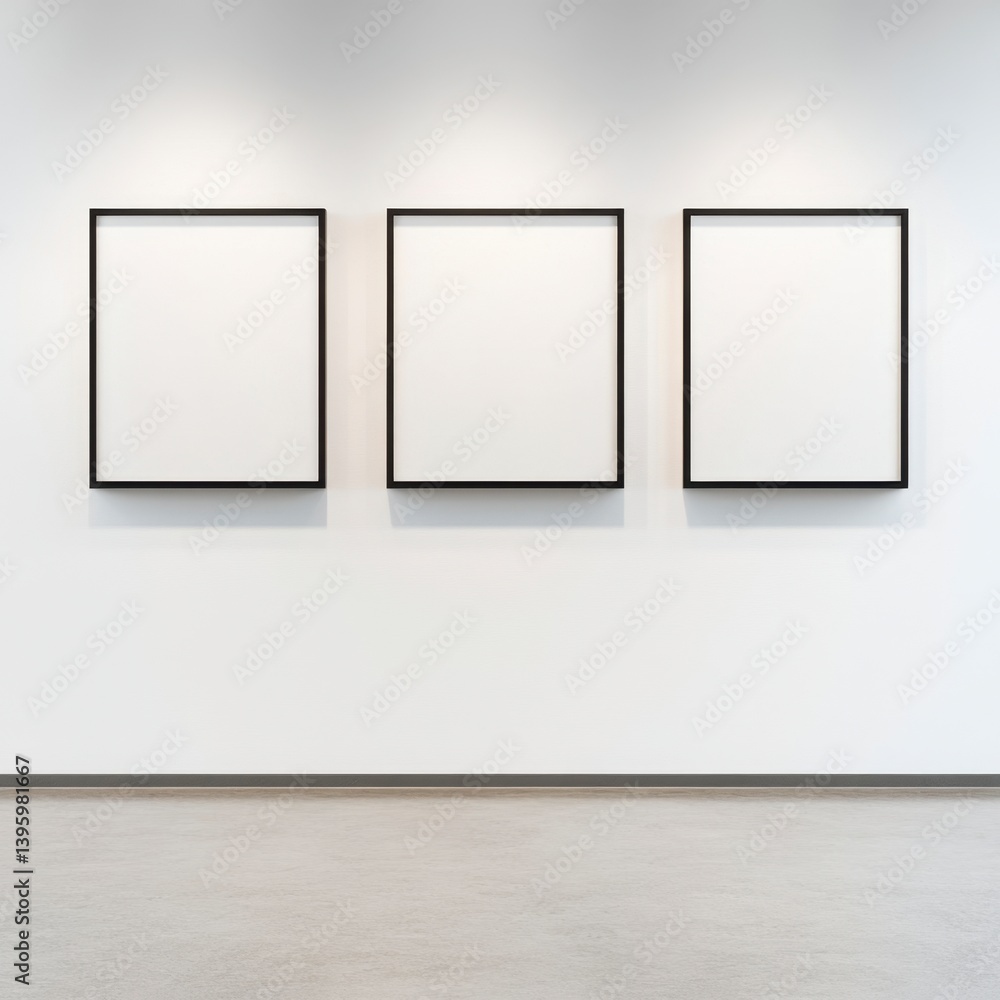 Three Frames Hanging on White Wall in Modern Gallery Space Three Frames Hanging on White Wall in Modern Gallery Space