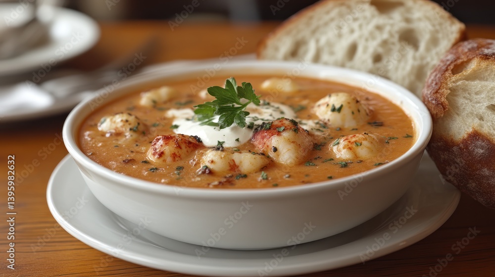 A bowl of creamy seafood chowder with scallops garnished with herbs and served with crusty bre A bowl of creamy seafood chowder with scallops garnished with herbs and served with crusty bre