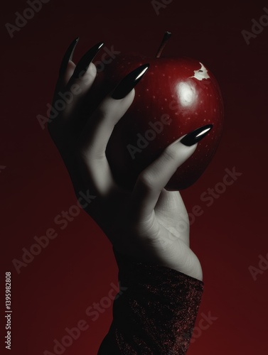 Dark hand holding red apple on red background	