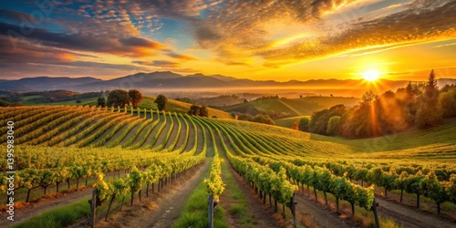 Wallpaper Mural Golden Hour Vineyard Sunrise Rows of grapevines bathed in the warm glow of the rising sun, a picturesque landscape of rolling hills and vibrant foliage Torontodigital.ca