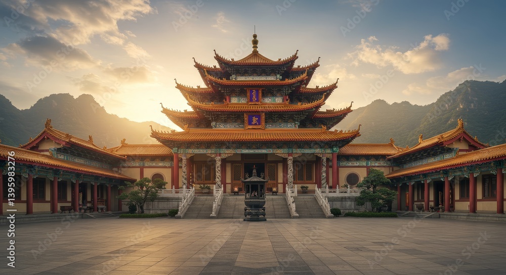 Serene Temple Sunset Building - Majestic temple architecture, serene sunset, peaceful courtyard, spiritual sanctuary, cultural heritage. Symbolizing tranquility, faith, history, beauty Serene Temple Sunset Building - Majestic temple architecture, serene sunset, peaceful courtyard, spiritual sanctuary, cultural heritage. Symbolizing tranquility, faith, history, beauty