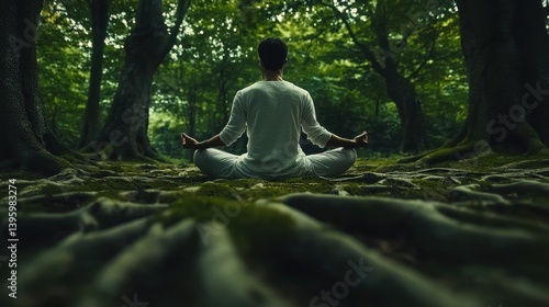 Man meditating in ancient forest roots	